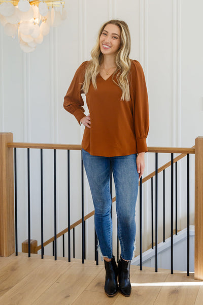 Enjoy This Moment V Neck Blouse In Toffee