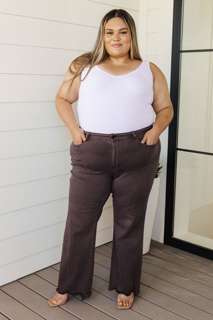 Sybil High Rise Frayed Hem 90's Straight Jeans in Brown-- Use the code SPRINGJB for 20% off!